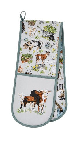 Double oven gloves featuring charming farm animals on a soft grey background, designed for style and heat protection.