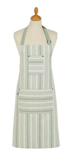 Cotton apron with sage green stripes, double stitched edges, and pockets for utensils and phone, ideal for chefs and bakers.