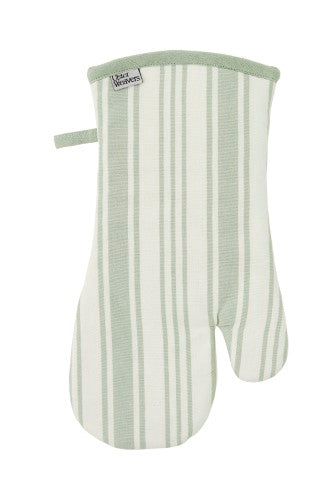 Sage green and natural cotton oven gauntlet with stylish stripes, pockets, and brass rivets for cooking protection.