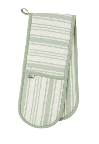 Double oven gloves in sage green stripes with brass rivets, featuring pockets for utensils and phone, crafted from durable cotton.