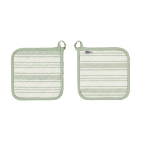 Cotton pot mat in sage green with stylish stripes, double stitched edges, and brass rivets; heat resistant and machine washable.