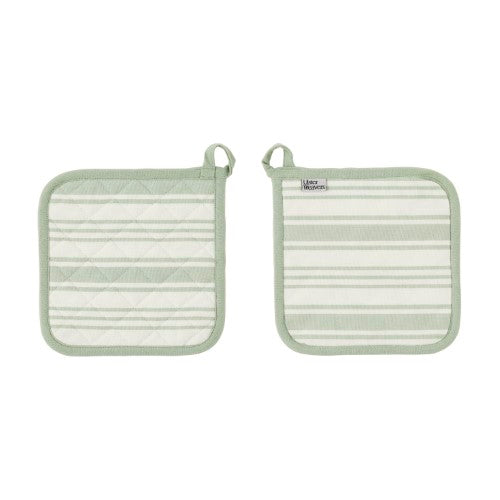 Cotton pot mat in sage green with stylish stripes, double stitched edges, and brass rivets; heat resistant and machine washable.