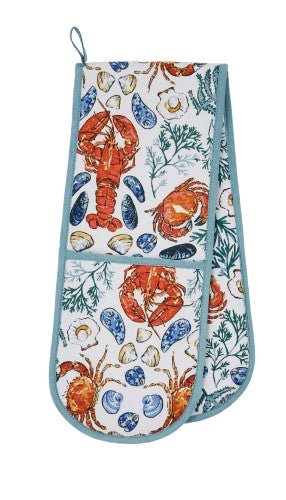 Double oven gloves featuring a vibrant shellfish design with lobsters, crabs, and clams on a teal background.