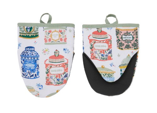 Pair of Ulster Weavers cotton microwave mitts with neoprene coating for heat protection and stylish vintage tea tin design.