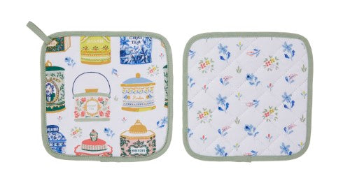 Cotton pot mat featuring eclectic hand-painted tea tin designs, providing heat protection and stylish kitchen flair.