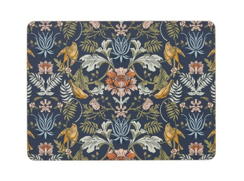 Set of 4 Ulster Weavers placemats featuring William Morris-inspired finch and flower designs in rich, vibrant colors.