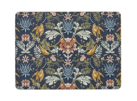 Set of 4 Ulster Weavers placemats featuring William Morris-inspired finch and flower designs in rich, vibrant colors.