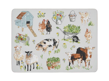 Delightful farmhouse placemats featuring watercolour farm animals on a soft grey background, perfect for enhancing dining experiences.