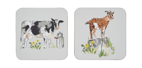 Set of 4 coasters featuring charming vintage farm animals on a soft grey background, perfect for adding farmhouse chic to your table.