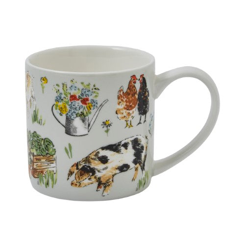 Soft grey mug featuring whimsical farm animals, perfect for coffee or tea, crafted from durable new bone china.