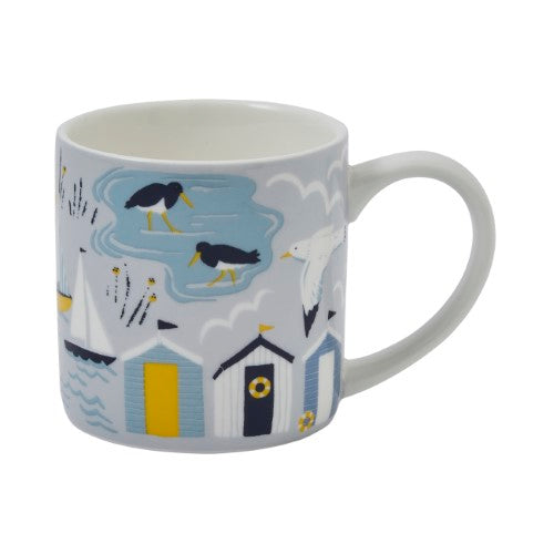 Straight sided bone China mug featuring a serene seaside design with fishermen and coastal scenes, 8.2cm square size.