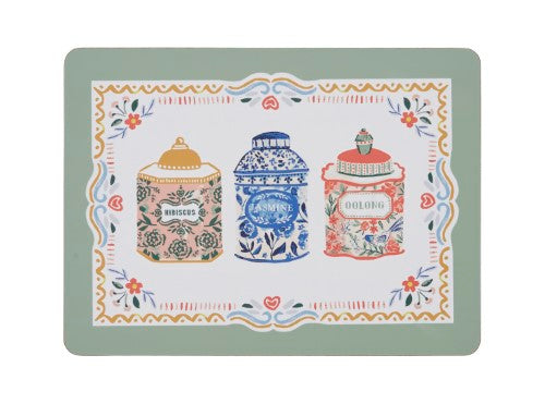 Set of 4 stylish placemats featuring eclectic tea tin designs, perfect for enhancing your dining experience.