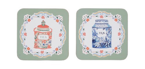 Set of 4 eclectic vintage tea coasters with hand-painted designs, cork backing for durability and surface protection.