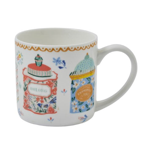 Elegant bone china mug with eclectic hand-painted tea tin design, perfect for enjoying your favorite beverages.