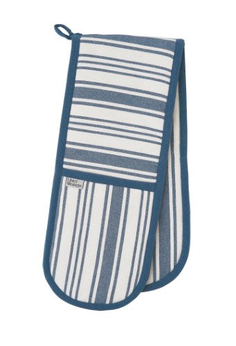 Denim stripe double oven gloves with stylish details, pockets for utensils, and heat protection, perfect for chefs.