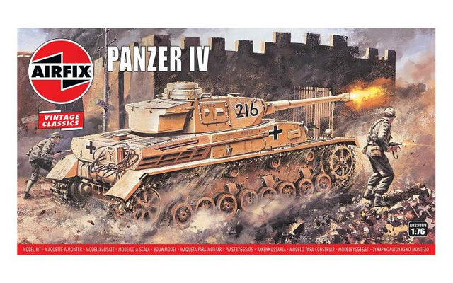 Detailed Airfix 1:76 scale model of the Panzer IV F1/F2 tank, features 101 plastic pieces for nostalgic WWII building.