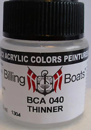 Bottle Acryl Thinner 22ml enhances acrylic paint application for model boats, ensuring smooth, professional finishes.