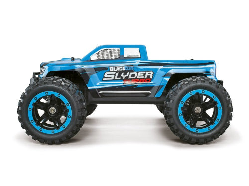 1/16 Slyder MT Turbo Blu RC car with turbo motor, independent suspension, and 2.4GHz remote for high-speed outdoor fun.