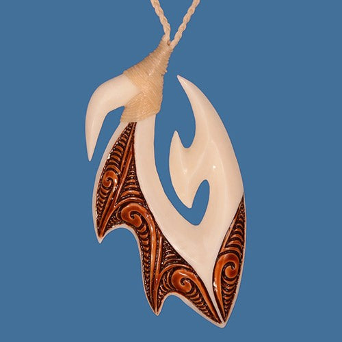 Handcrafted Bound Hook necklace with brown stain pendant, symbolizing good fortune and safe travel, on black wax cord.