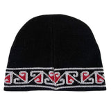 Elegant Maori Beanie - Tainui in black, red, and white wool, offering warmth and cultural style for every adult.