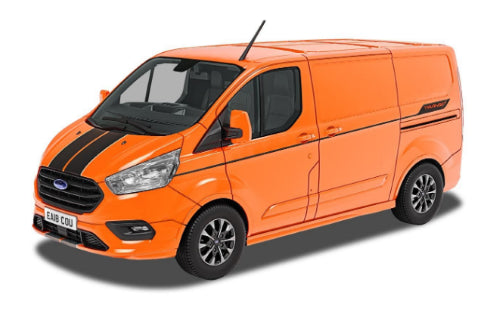 1/43 scale diecast Ford Transit Custom Sport car model, vibrant paint, detailed design, perfect for collectors and enthusiasts.