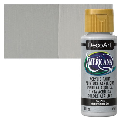 DecoArt Americana Acrylic 2oz in Grey Sky, ideal for versatile crafting with a soothing, light-fast matte finish.