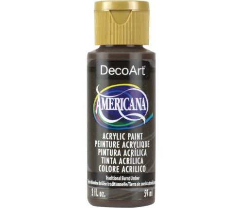 Decoart Americana 2oz Raw Umber acrylic paint, ideal for versatile crafting with a luxurious matte finish and easy application.