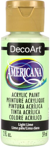 Decoart Americana Acrylic paint in vibrant 2oz LIGHT LIME, ideal for artists and crafters with excellent blending and coverage.