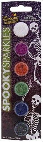 Decoart Spooky Paints Set of 6 Pots with vibrant glitter colors for Halloween crafts and decorations.