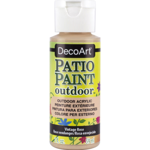 Decoart Patio Acrylic Paint in Vintage Rose, perfect for outdoor projects with a satin finish and exceptional durability.