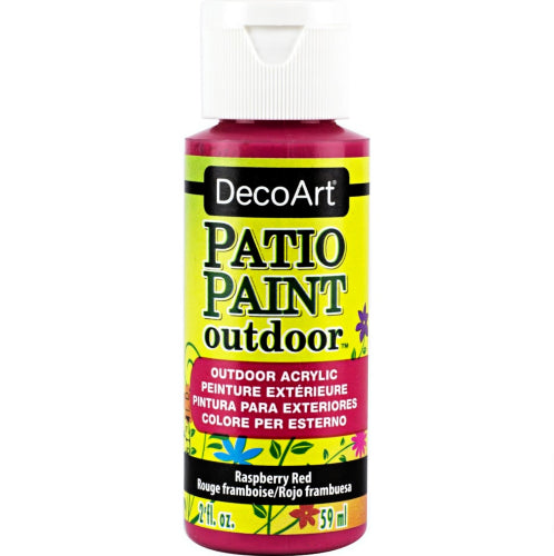 Decoart Patio Acrylic Paint in Raspberry Red, 59ml, perfect for durable outdoor decoration on various surfaces.