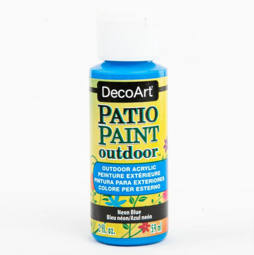 Decoart Patio Acrylic Paint in vivid NEON BLUE, perfect for outdoor projects on wood, concrete, and terra cotta surfaces.