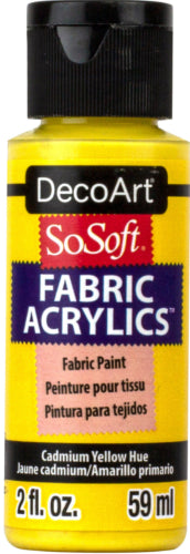 Decoart Sosoft Fabric Paint in CAD Yellow, 59ml, ideal for soft, vibrant fabric art and crafts, resistant to wash and peeling.