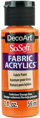 Decoart Sosoft Fabric Paint in CAD Orange, 59ml, ideal for vibrant, soft, and durable fabric art projects.