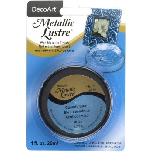 Decoart Metallic Lustre Waxes in Cosmic Blue, providing vibrant, shimmering finish for crafts, easy application and quick drying.