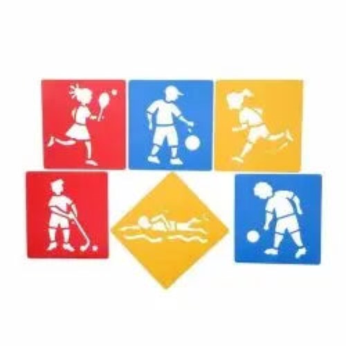 Set of 6 washable stencils featuring various sports for children, promoting creativity and fine motor skills.