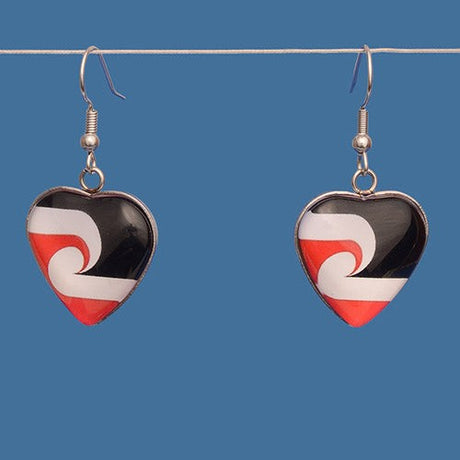 Tino Rangatiratanga flag Resin Heart Drop Earrings, vibrant design, lightweight, perfect for showcasing M?ori culture.