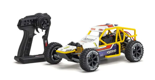 Kyosho EP RS SandMaster 2.0 in white, a powerful RC car for off-road racing, featuring advanced brushless technology and durable design.