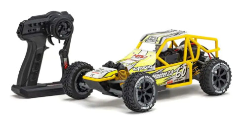 Vibrant yellow Kyosho EP RS SandMaster 2.0 electric RC buggy for off-road adventures, featuring advanced control and speed.