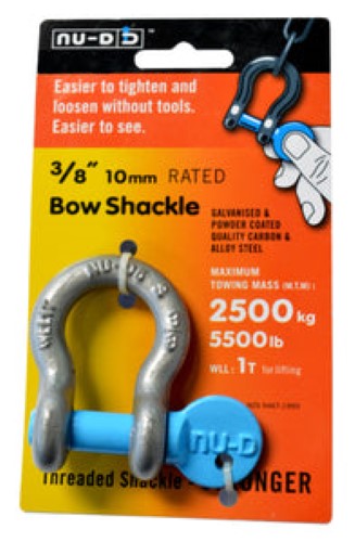 Nu-D Bow Shackle: 10mm galvanised steel, 1000kg WLL, easy tightening with no tools, ideal for heavy-duty rigging tasks.