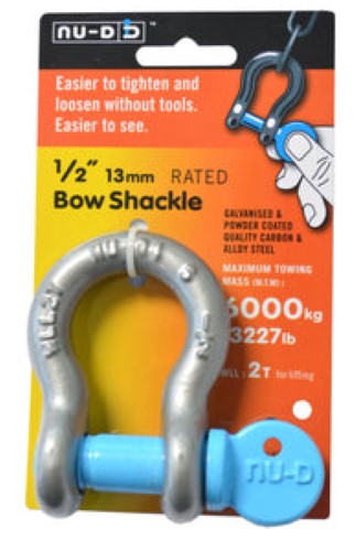 Nu-D Bow Shackle in galvanised finish, designed for easy tightening and loosening, WLL 2000kg for robust towing and rigging.