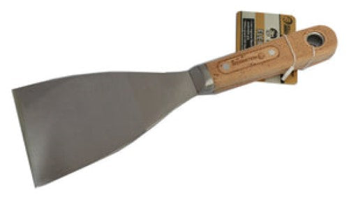 Flexible 75mm paint scraper with a wooden handle and rolling dog design for efficient paint removal and application.