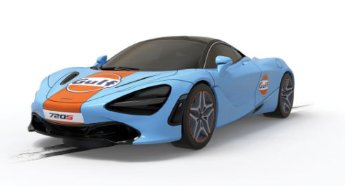 Scalextric McLaren 720S Gulf Edition slot car in striking Gulf livery, ideal for racing and collection, with high performance features.