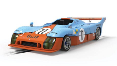 Detailed Scalextric Gulf Mirage Gr8 LM '75 Winner slot car in iconic Gulf Racing colors, perfect for collectors and racers.