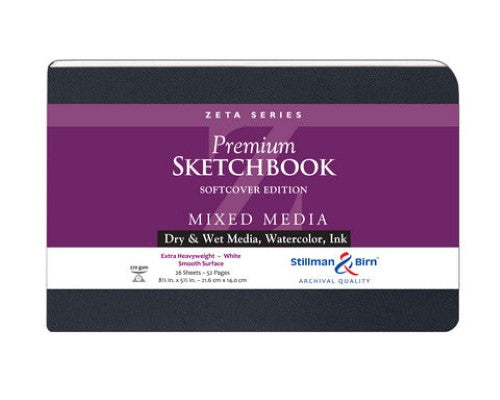 Premium 8.5x5.5 inch ZETA Softcover Sketchbook with 270gsm pages, perfect for wet and dry media, ideal for artists.