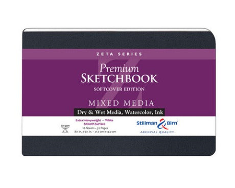 Premium 8.5x5.5 inch ZETA Softcover Sketchbook with 270gsm pages, perfect for wet and dry media, ideal for artists.