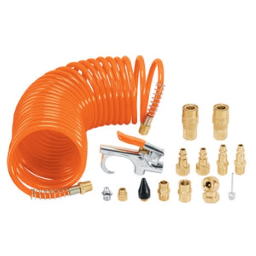 Truper 15 Piece Air Compressor Accessory Set with hose, blow gun, nozzles, and brass connectors in a portable storage box.