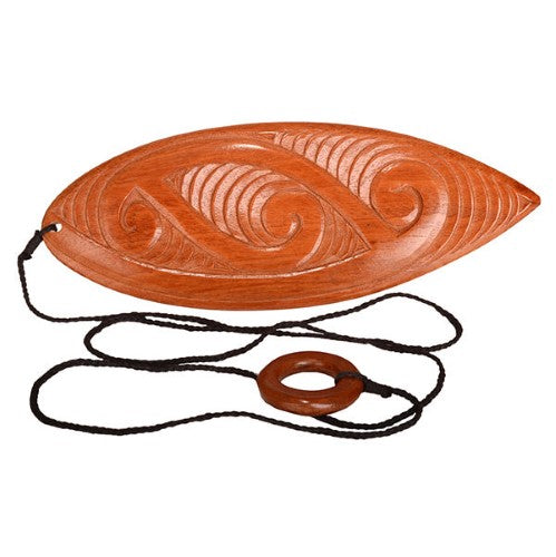 Handcrafted Three Koru P?rerehua Bull Roar made of Mahogany, featuring Koru design and producing deep, enchanting sounds.
