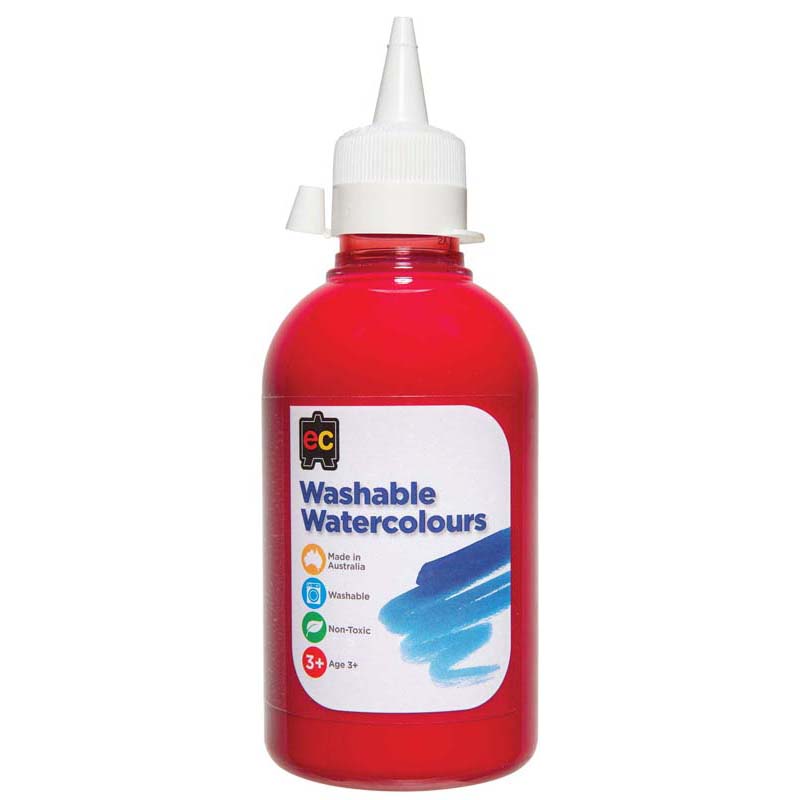 Vibrant EC Paint Washable Watercolours in 250ml Red, perfect for artists of all ages with easy cleanup.