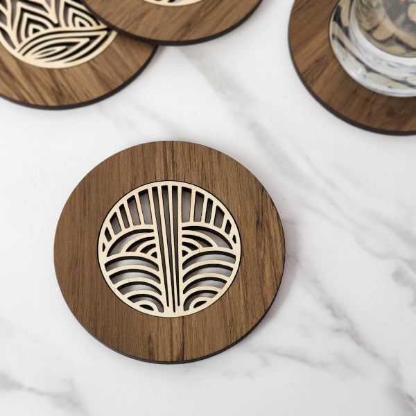 Elegant 10cm Art Deco River Rimu coaster crafted from reclaimed NZ timber, showcasing unique colors and rich history.